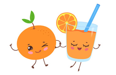 Vector illustration of a cute orange and orange juice with smiling faces. Flat isolated fruit object set.