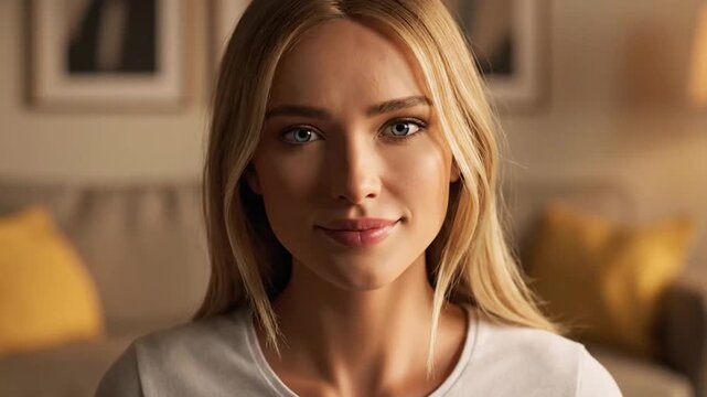 Beautiful Blonde Woman Smiling, Looking Directly at Camera.