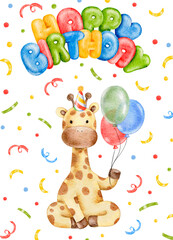 Naklejka premium watercolor Happy Birthday postcard with cute baby giraffe with a bundle of balloons and confetti, hand drawn illustration for baby's Birthday event greeting card