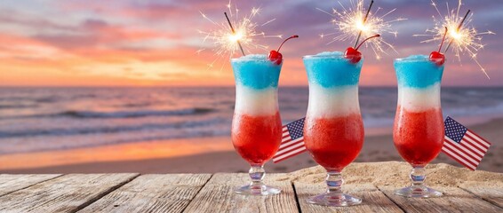 Three patriotic red, white, and blue layered slushy cocktails with sparklers and American flags on a wooden beach table at sunset.