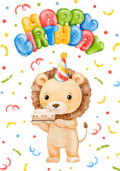 Obraz premium watercolor Happy Birthday postcard with cute baby lion with a cake and confetti, hand drawn illustration for baby's Birthday event greeting card