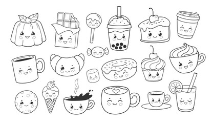 Vector illustration of cute desserts and drinks with smiling faces. Flat isolated food object collection in line art.