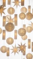 White Lanterns and Stars Offer Warm Glow in Festive Decorations Backdrop