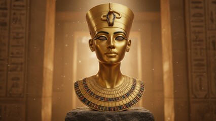 Golden Pharaoh Art Piece Displayed in Ancient Temple With Hieroglyphics