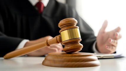 Judge's gavel on desk in courtroom with blurred judge in background
