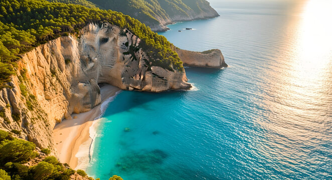 Coastal Cliffs Golden Beach Turquoise Ocean Water