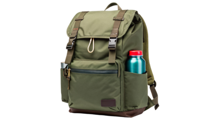 Olive green backpack with water bottle and laptop sleeve