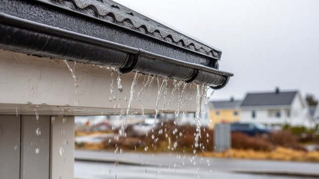 Close view of rainwater pouring off roof edge instead of gutter system. Home exterior leak problem caused by blocked or damaged gutter, highlighting weather damage and maintenance concerns
