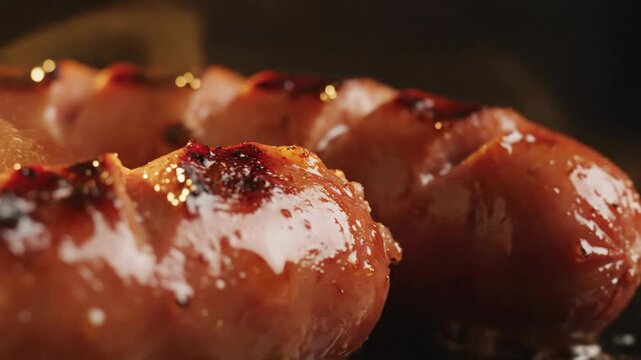 Close-up of sizzling sausages grilling on a hot griddle with appetizing details shown