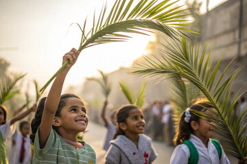 Children Waving Palm Branches Outdoors Symbolizing Joyful Welcome