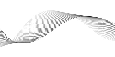 Monochromatic digital sound wave pattern with flowing parallel curved lines, creating a smooth frequency ribbon effect on white or transparent background for abstract technology line art.