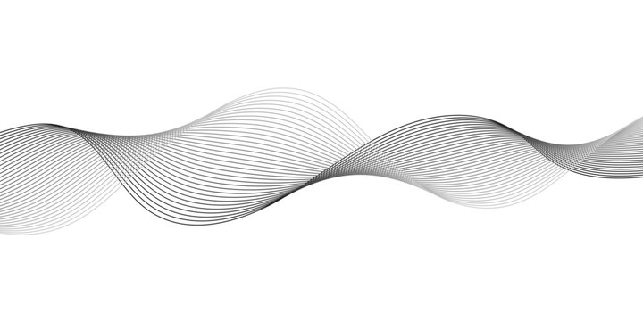 Monochromatic digital sound wave pattern with flowing parallel curved lines, creating a smooth frequency ribbon effect on white or transparent background for abstract technology line art.