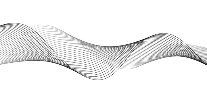 Abstract black and gray flowing wave lines on white, featuring smooth parallel sound frequency curves that form a dynamic 3D ribbon effect with twisted blended lines for modern technology design.