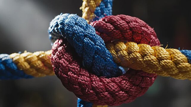 Close-up View of Multicolored Ropes Intertwined and Knotted with Detailed Textures
