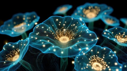 Glowing Blue Flowers with Sparkling Details on a Dark Background