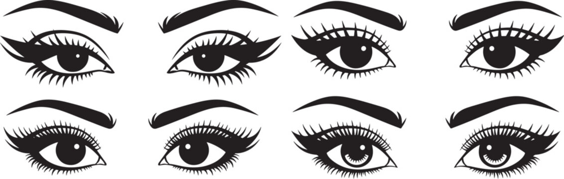 Detailed illustration of various female eye makeup styles with different eyeliner and mascara looks on a plain white background