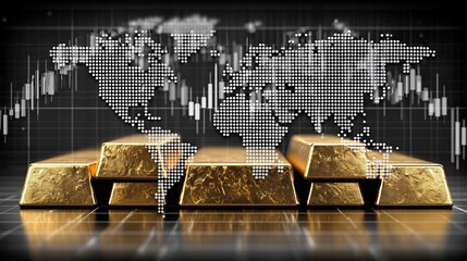 Golden Bullion Bars on Background of World Map with Financial Data