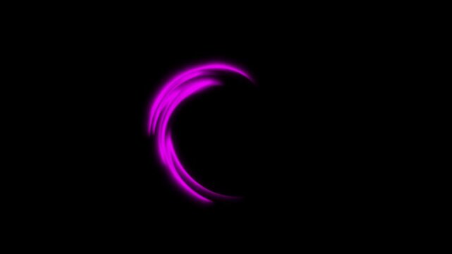 Abstract purple glowing curved light trail rotating on black background motion loop