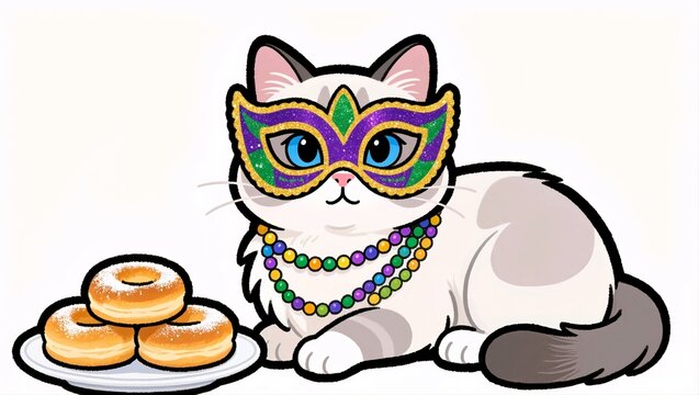 a cat wearing a Mardi Gras mask and beads with kling cakes 