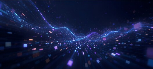 Ultra-cinematic abstract digital data streams with shimmering particles moving through a dark velvet space filled with an intricate network of futuristic technology.