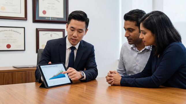 Businessman presenting data on tablet to colleagues in modern office - Powered by Adobe
