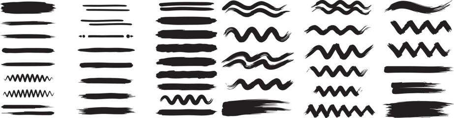Hand drawn black brush stroke set on white background. Wavy, zigzag and straight line elements for graphic and creative design eps © arraygraphic1
