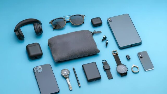 A collection of electronic devices, smartwatches, eyewear, and accessories displayed in an organized flat lay. Ideal for illustrating modern tech, digital lifestyle, and productivity themes