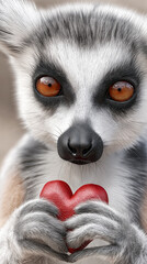 Cute lemur holding a red heart, festive greeting card concept expressing love, care and warmth, suitable for Valentine celebration and romantic design