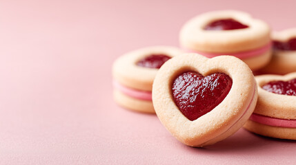 Sweet cookies with heart-shaped filling arranged on a soft gentle background, romantic dessert composition suitable for Valentine's Day, love themes and confectionery advertising.