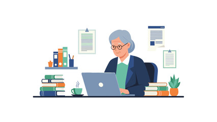 Naklejka premium Senior professional woman diligently working on her laptop at a neatly organized desk, surrounded by books and documents.