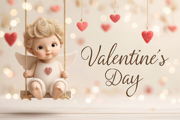 Cute cupid doll sitting on a swing with heart decorations, soft romantic background for Valentine's Day greeting, love and celebration concept.