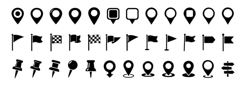 Minimal location pins arrows flags and interface symbols icon set vector on transparent background