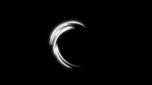 Abstract white glowing curved light trail rotating on black background motion loop
