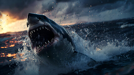 Obraz premium Ferocious great white shark breaching in dark ocean waters at sunset