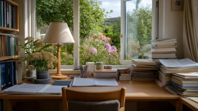 A vibrant study area filled with textbooks, notebooks, and a cheerful desk lamp, accompanied by a comfortable chair, sitting in front of a large window with a view of a lush garden outside.