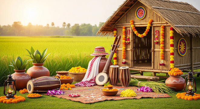 Bihu Festival Background with Traditional Assamese Elements