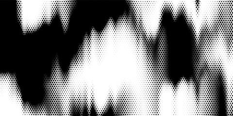 Hexagon halftone gradient texture. Abstract black grunge background. Geometric retro halftone tech overlay. Fading wavy hexagonal pattern backdrop. Vector vanishing honeycomb grunge bitmap wallpaper