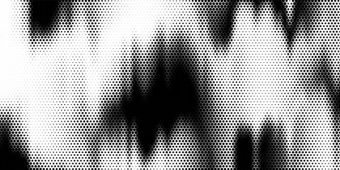 Hexagon halftone gradient texture. Abstract black grunge background. Geometric retro halftone tech overlay. Fading wavy hexagonal pattern backdrop. Vector vanishing honeycomb grunge bitmap wallpaper