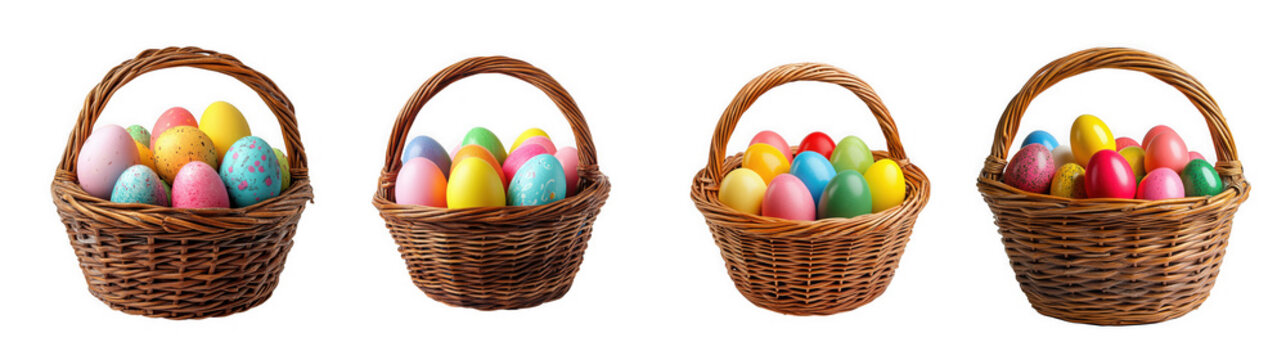 Four woven baskets filled with brightly colored easter eggs a delightful spring scene on transparent background