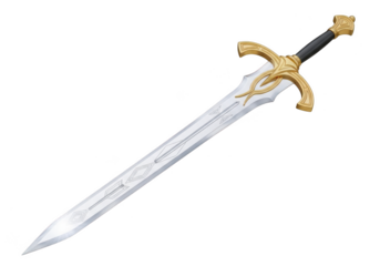 Excalibur sword with golden hilt and silver blade isolated on transparent background