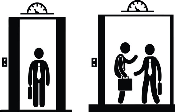 Man entering and greeting colleague in office elevator