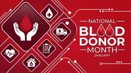 A vibrant national blood donor month illustration features hands cradling blood a medical vehicle and heart symbols promoting life saving donations in january