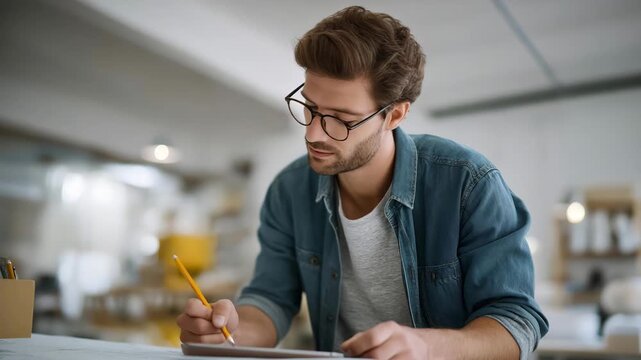 A designer meticulously sketches enhancements on a tablet, with a 3D-printed prototype of an innovative gadget displayed prominently on the table in a bright, creative studio. cinematic color