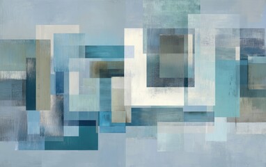 Abstract geometric artwork using layered, translucent squares and rectangles in cool, muted tones