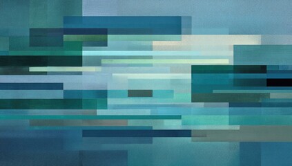 An abstract composition featuring overlapping, rectangular forms in cool teal, turquoise, and muted blues
