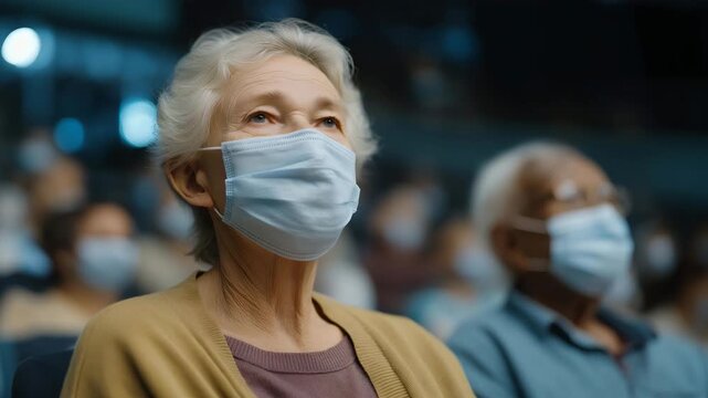 A group of elderly residents engaged in a social activity at a community center, all wearing face masks, fostering interaction and connection while prioritizing health in their social gatherings.