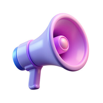 Vibrant 3d purple megaphone loudspeaker bullhorn with handle trigger and horn bell isolated on transparent background.