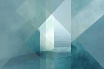 Abstract geometric composition. Shapes and light play with a teal and white color palette. Textured