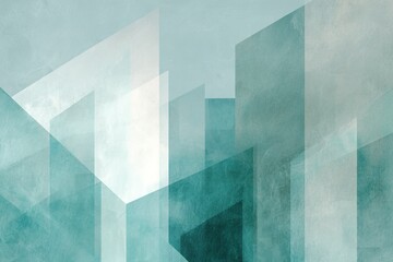 Abstract architectural geometric design with translucent, overlapping shapes in shades of teal and blue
