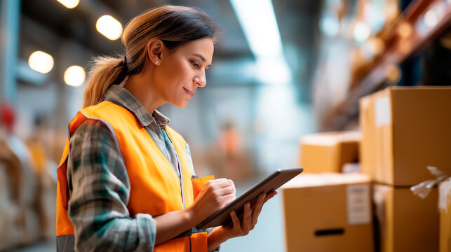 Faceless female inventory manager shows digital tablet information to worker holding cardboard box talking  warehouse work background stock parcels with products rea
